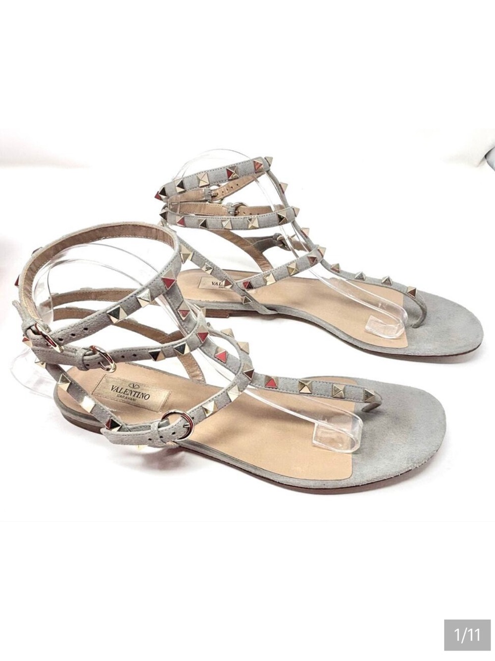 Valentino Garavani Rockstud Caged Gladiator Flat Sandals Grey Suede 40